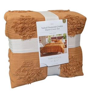 Tufted Diamond Crinkle Duvet Cover and Sham Set KING Dark Gold Threshold NEW